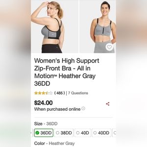 Women's High Support Zip-Front Bra - All in Motion™ Heather Gray. SIZE 36DD. SPO